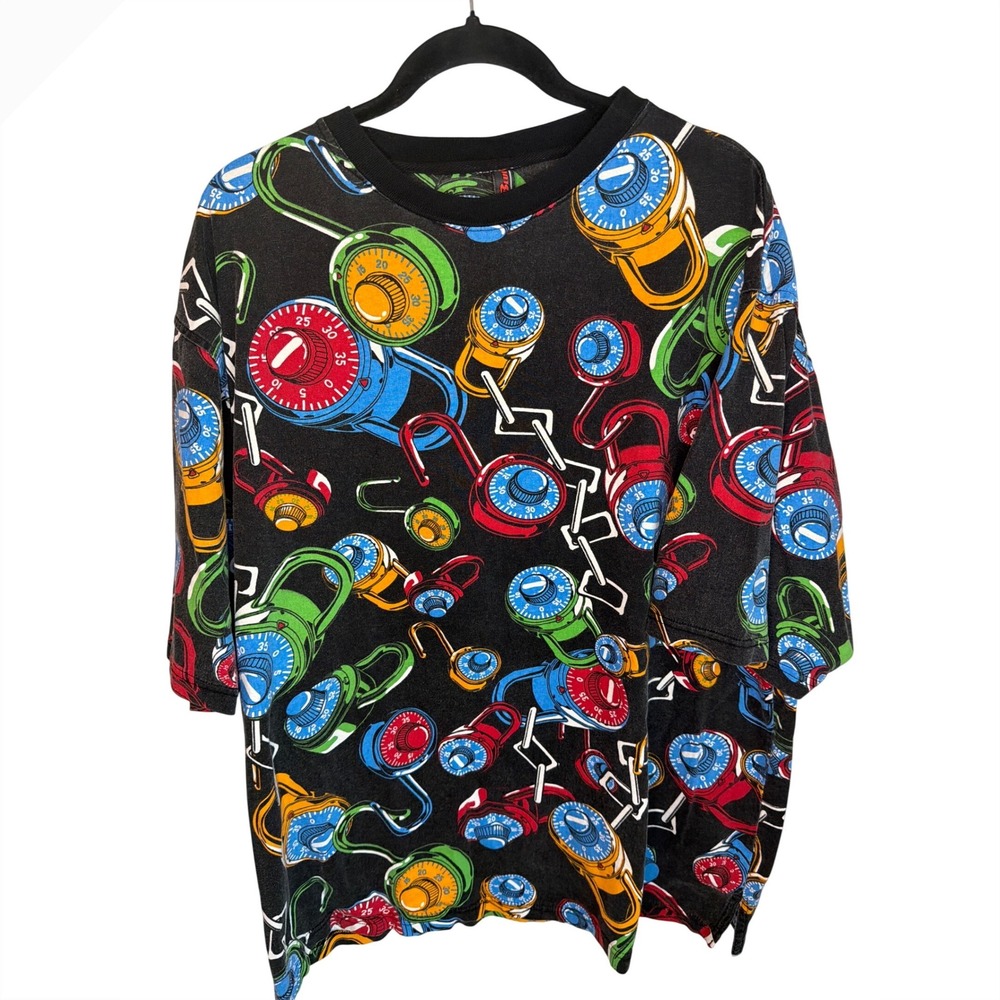 Vintage Y2K Raw Blue Mens XL Black Combination Lock All Over Print Graphic Tee